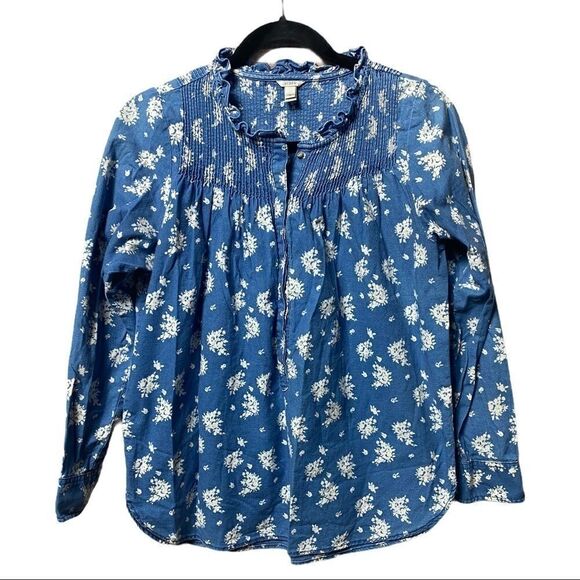 J Crew Indigo Blue Chambray Floral Popover Top - Picture 3 of 7